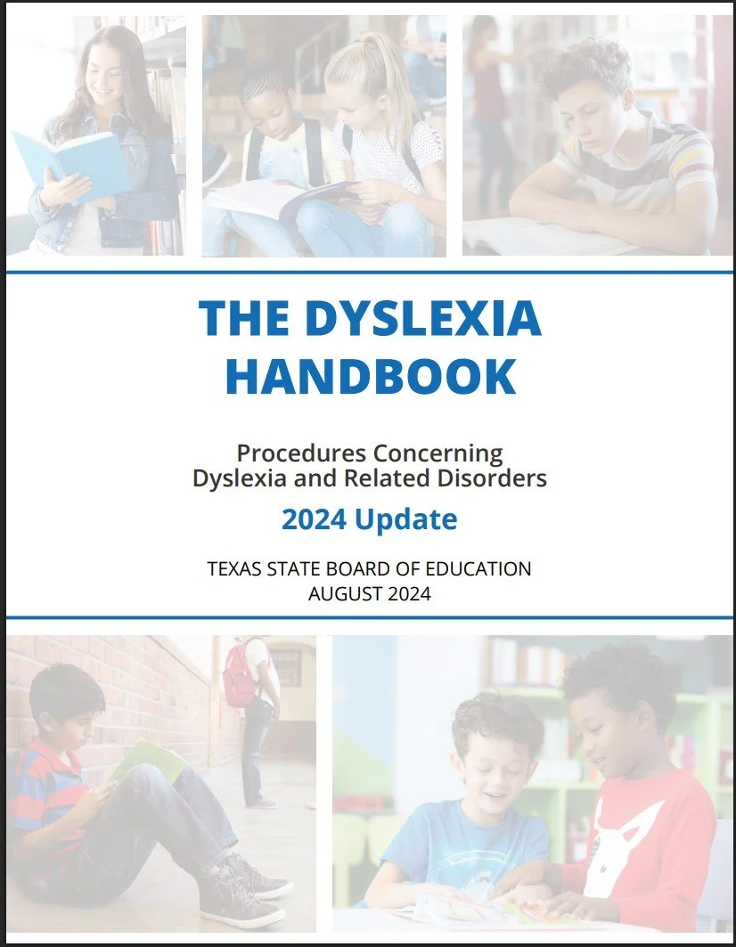 Texas Dyslexia Handbook 2024 update by the Texas State Board of Education providing procedures for dyslexia identification, accommodations, ARD, IEP, 504 support, and reading intervention services for students with dyslexia in Texas schools.