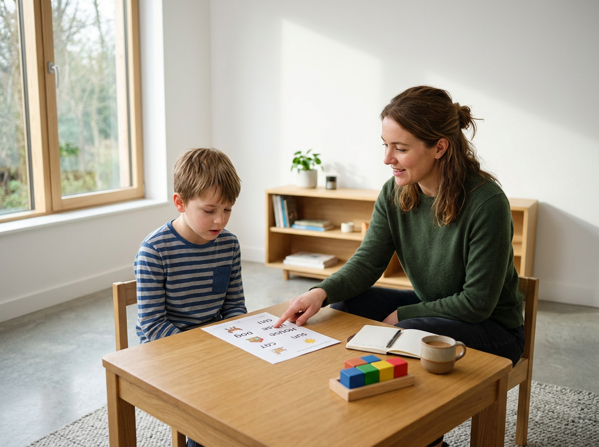 Dyslexia therapist helping a boy sound out words during a one-on-one reading lesson