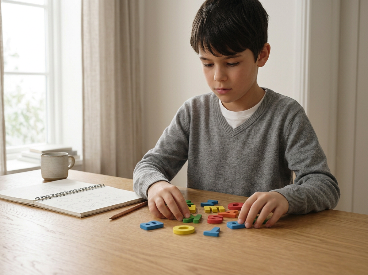 Child building a word with colorful letter tiles during a multisensory structured literacy lesson