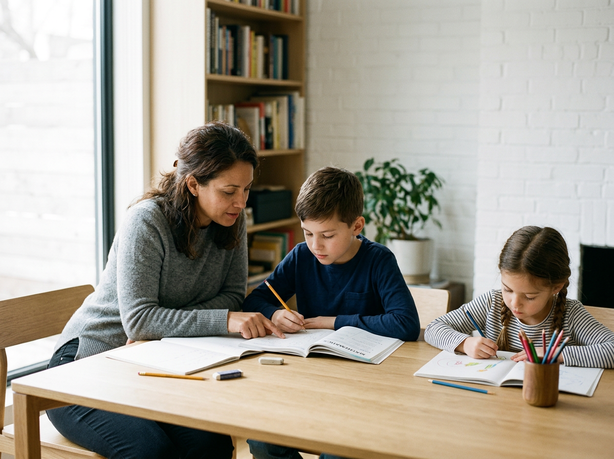 Mother helping her son and daughter with reading and writing lessons at the kitchen table during homeschool