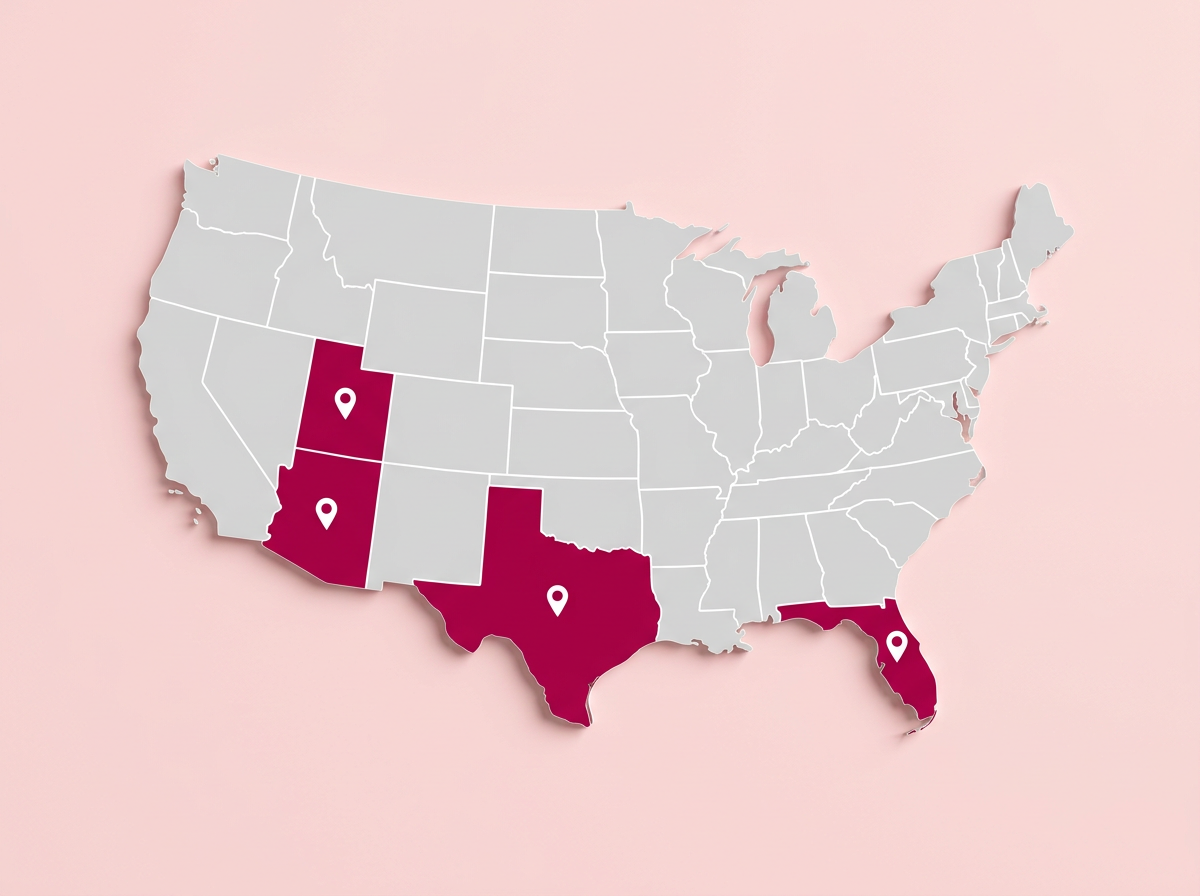 Map of the United States highlighting Texas, Arizona, Florida and Utah, where Dyslexify is an approved education funding provider