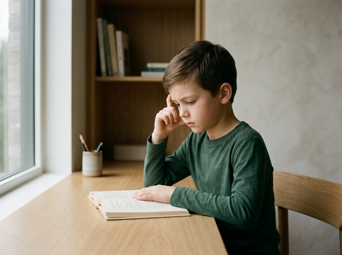 Boy concentrating hard while reading a book at a desk by the window