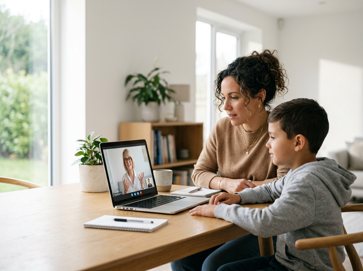 Mother and son at the kitchen table during an online lesson with a dyslexia therapist on a laptop