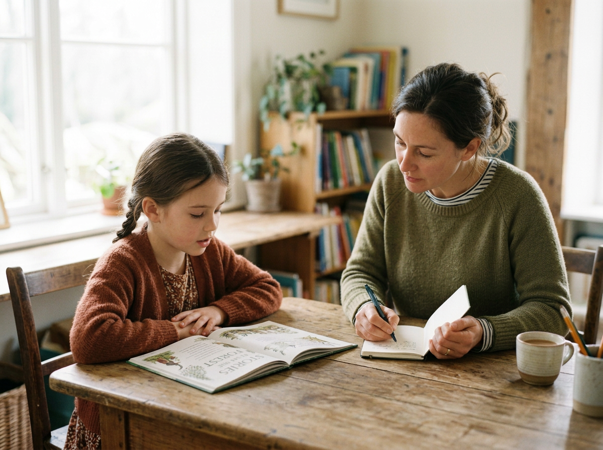 Dyslexia therapist listening to a student read aloud and taking notes during a reading assessment