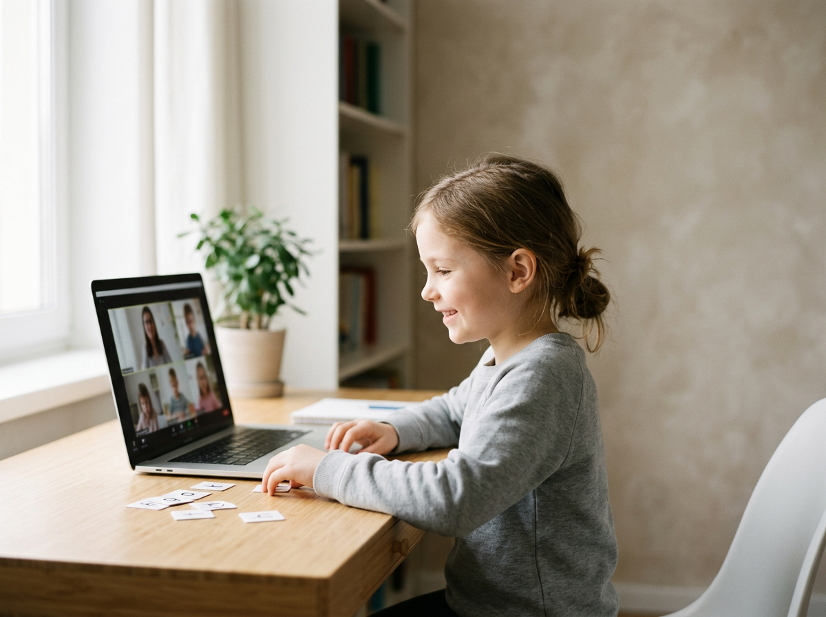 Girl smiling during an online reading lesson at home, with letter cards on her desk