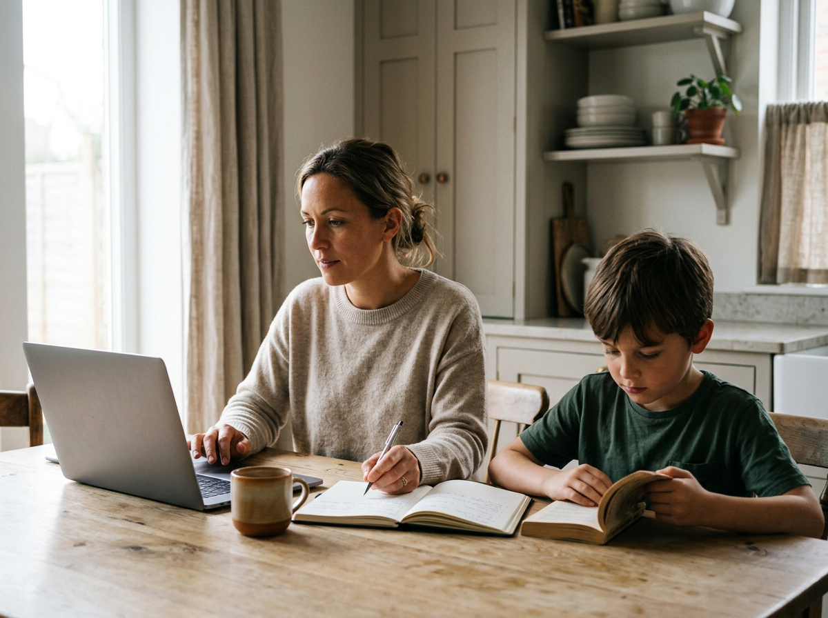 Mother planning her son's education on a laptop while he reads beside her at the kitchen table