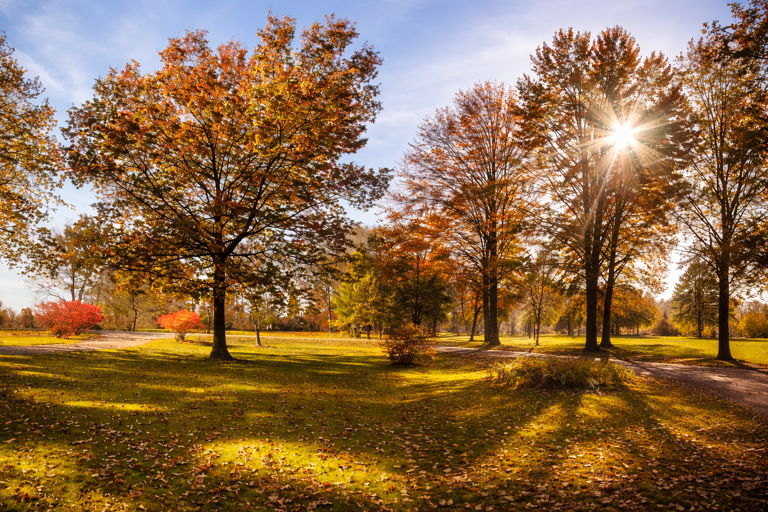 A park scene during autumn with trees shedding orange, red, and yellow leaves, sunlight shining through the branches, casting shadows on the grassy ground covered with fallen leaves.