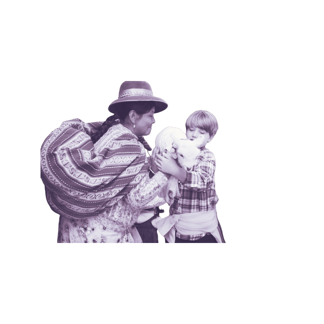 A woman in traditional South American attire, a young boy, and a dog sharing a moment together.