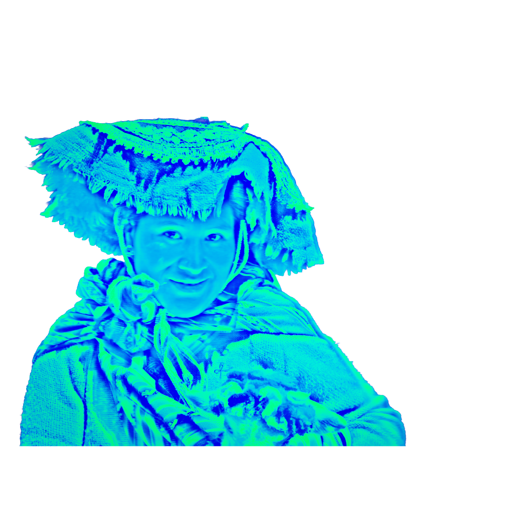 A person wearing traditional conical hat and colorful clothing, smiling.