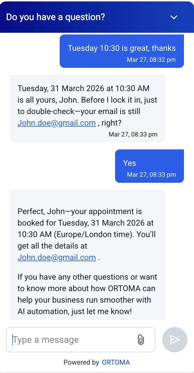 A chat conversation with a scheduling and appointment confirmation between a customer and a representative from ORTOMA, discussing an appointment on March 31, 2026, at 10:30 AM, and mentioning AI automation services.