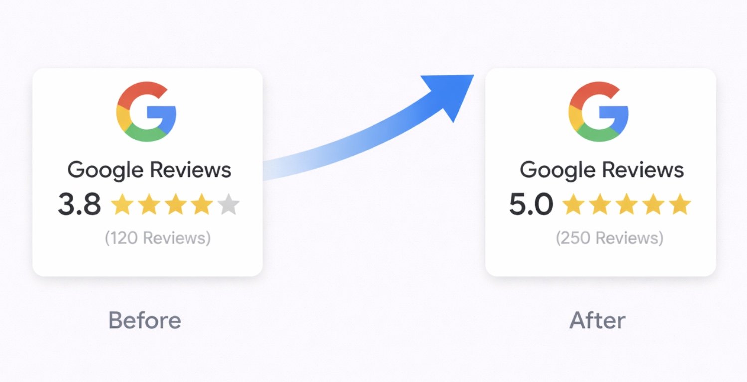 Comparison of Google reviews before and after of a business, showing increase from 3.8 stars with 120 reviews to 5.0 stars with 250 reviews, with a blue upward arrow in between.