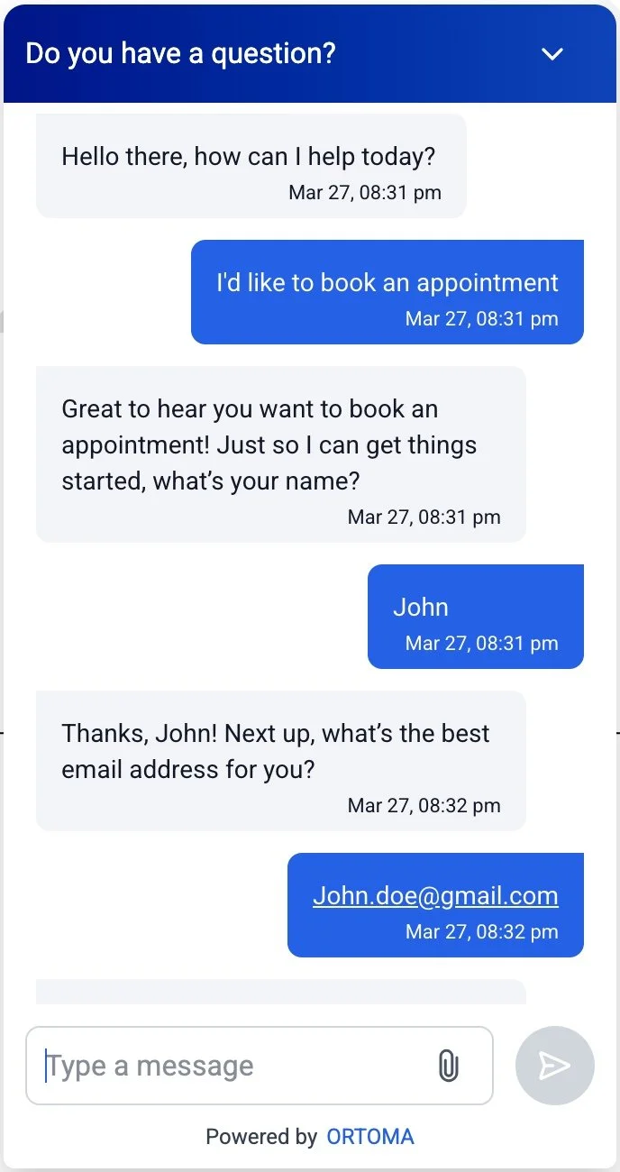 Screenshot of a chat conversation with a customer service representative. The user is booking an appointment and providing their name and email address.