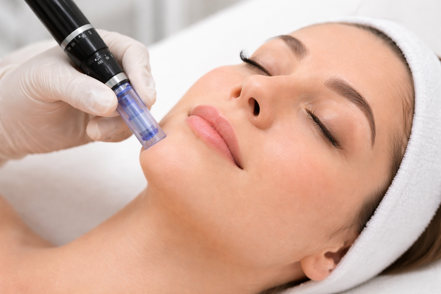 A woman receiving a facial treatment with a microneedling device in a spa or clinic setting.