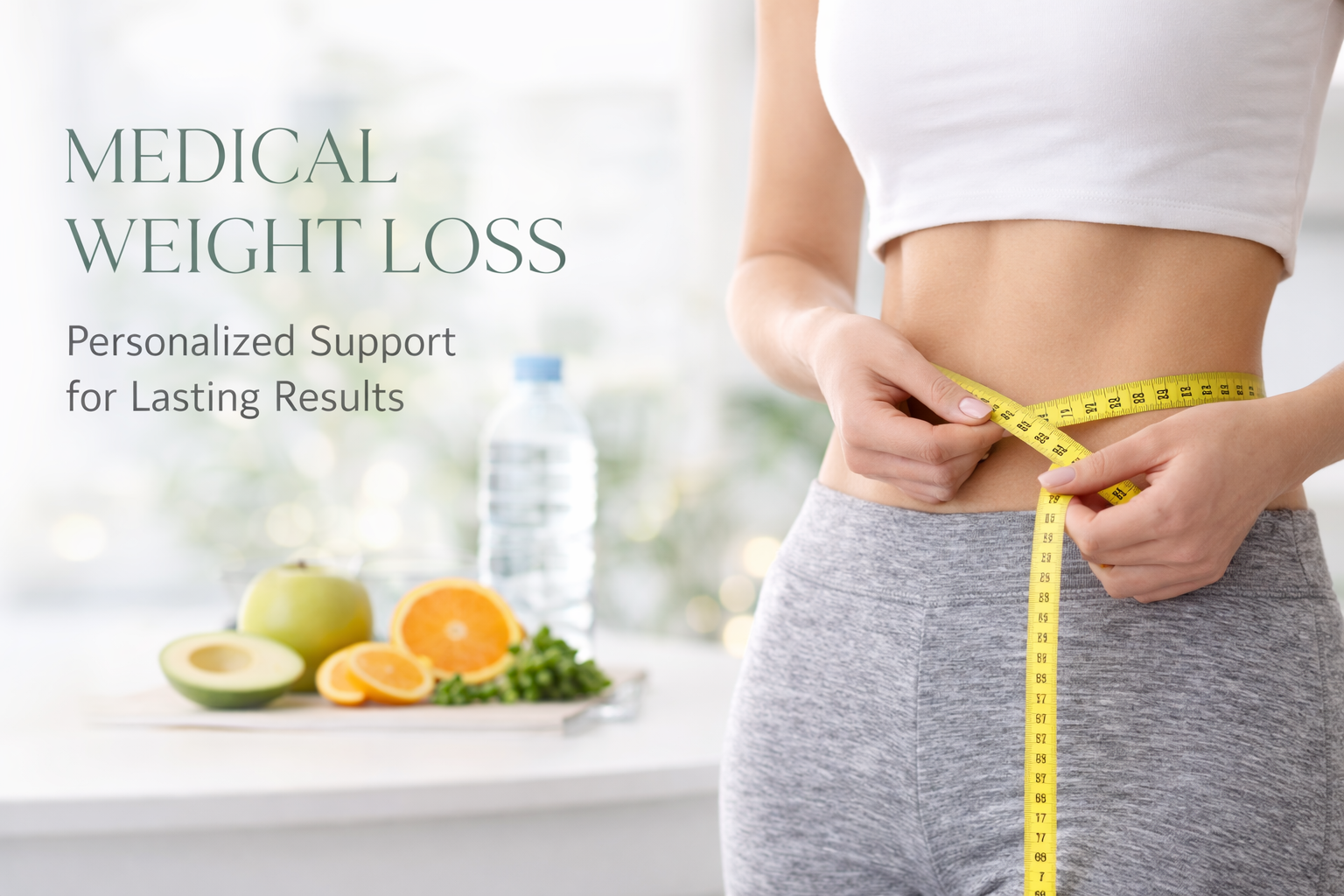 A woman in workout clothes measuring her waist with a yellow tape measure. In the background, there is a water bottle, an avocado, sliced oranges, and green vegetables on a white surface.