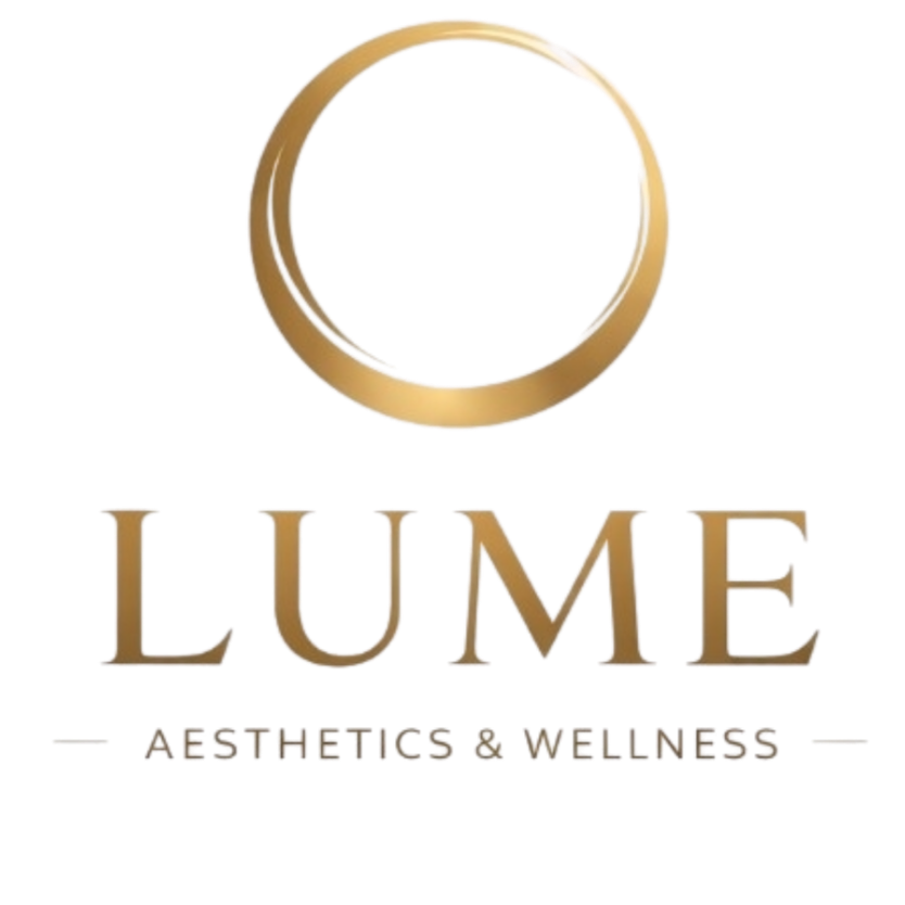 A logo with a gold ring above the word "LUME" in gold letters, and the tagline "AESTHETICS & WELLNESS" below in smaller font.