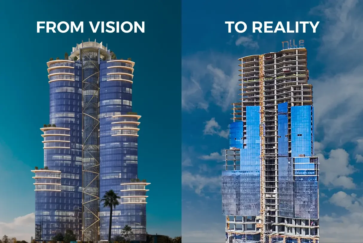 Comparison of two buildings: the left shows a finished modern skyscraper with blue glass and integrated landscape, labeled "From Vision." The right depicts an unfinished building under construction with exposed structural elements, labeled "To Reality."