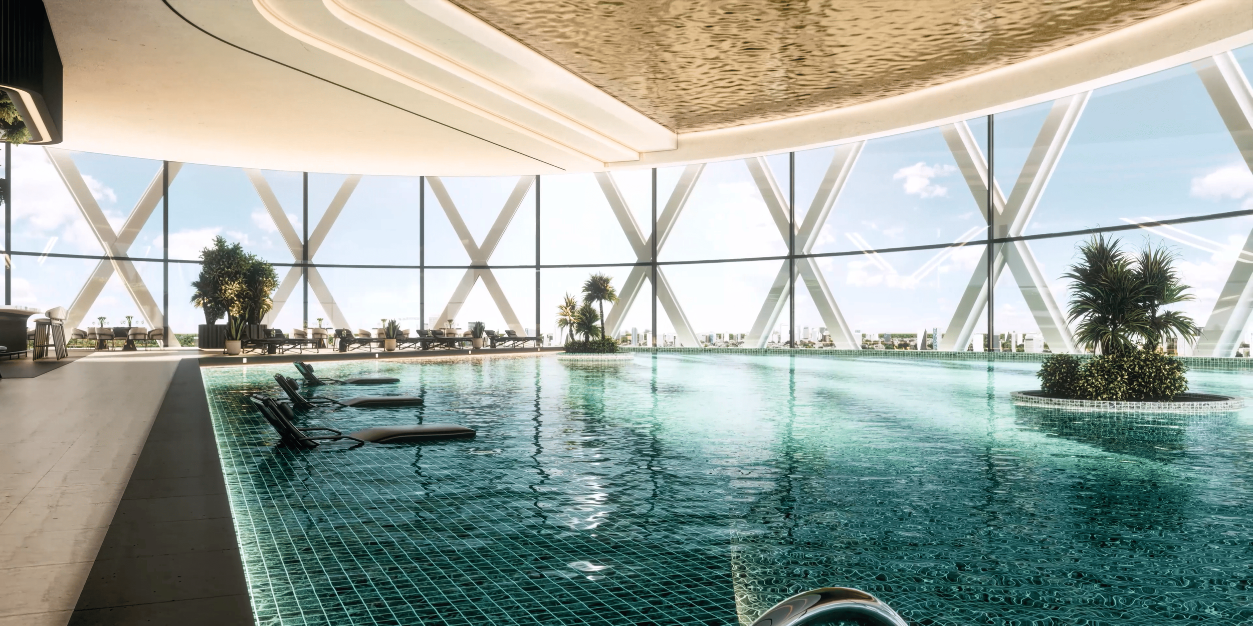 Indoor pool area with floor-to-ceiling windows, poolside lounge chairs, and greenery, with a view of a city skyline and palm trees outside.