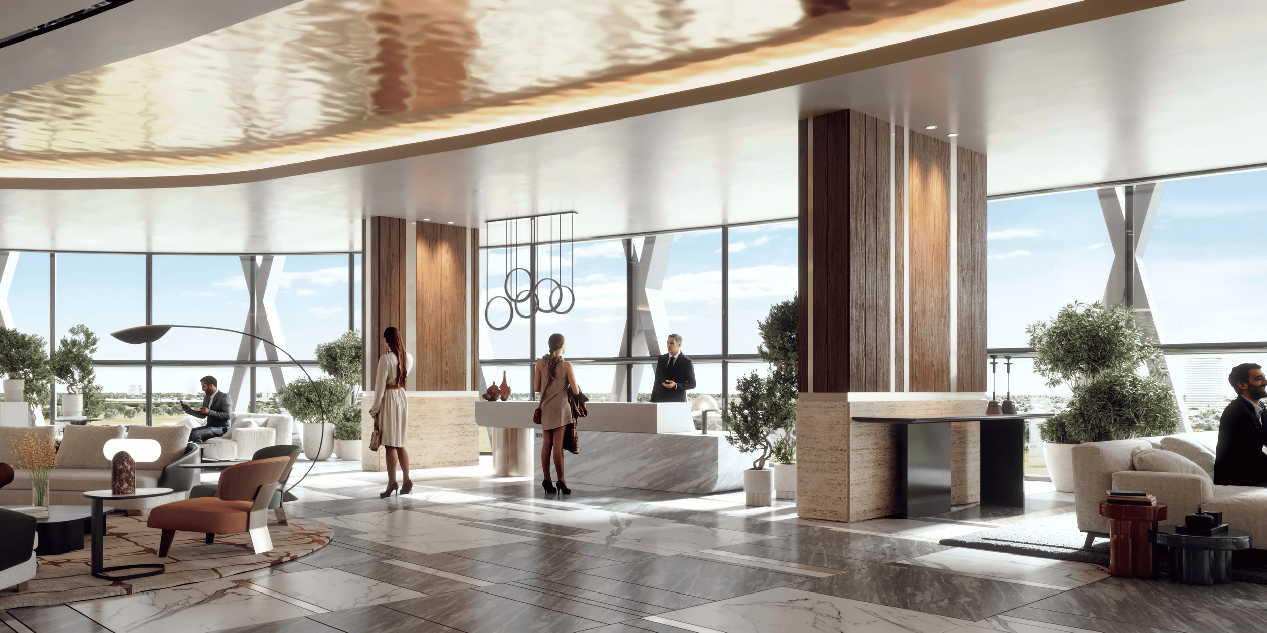 Modern hotel lobby with large windows, marble flooring, minimalist furniture, and a reception desk. Several people are seen, including a woman talking to a man at the reception, a person sitting on a chair, and a man sitting on a sofa using a tablet. There are indoor plants and contemporary lighting fixtures.