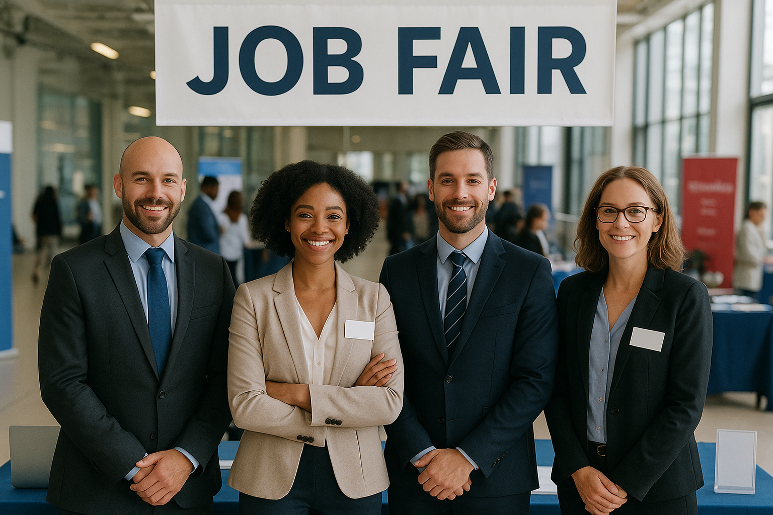 Four diverse professionals in business attire smiling at a job fair, with a large banner reading 'JOB FAIR' hanging above them.