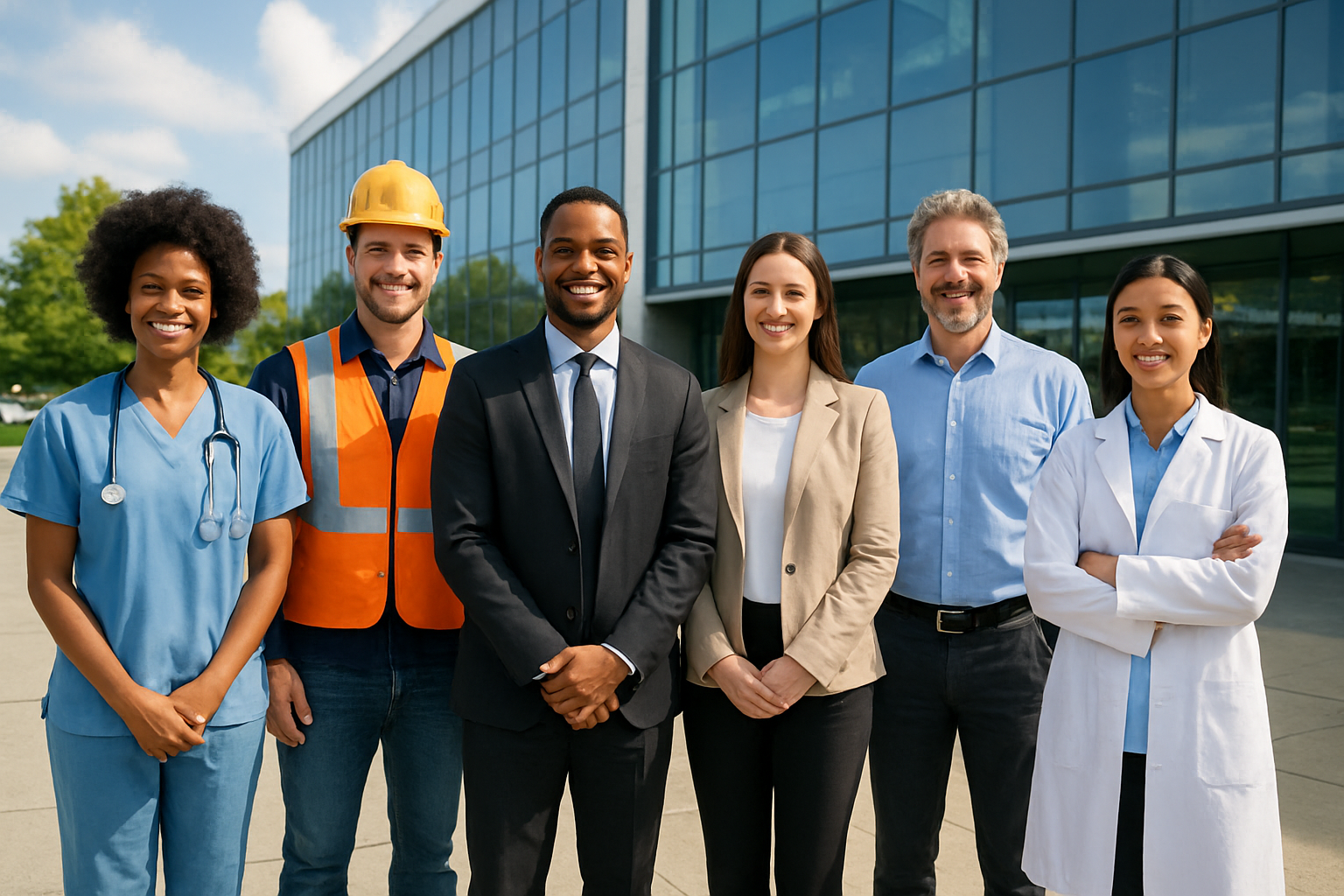 Group of six diverse professionals, including healthcare workers and business people, standing outside a modern glass building, smiling at the camera.