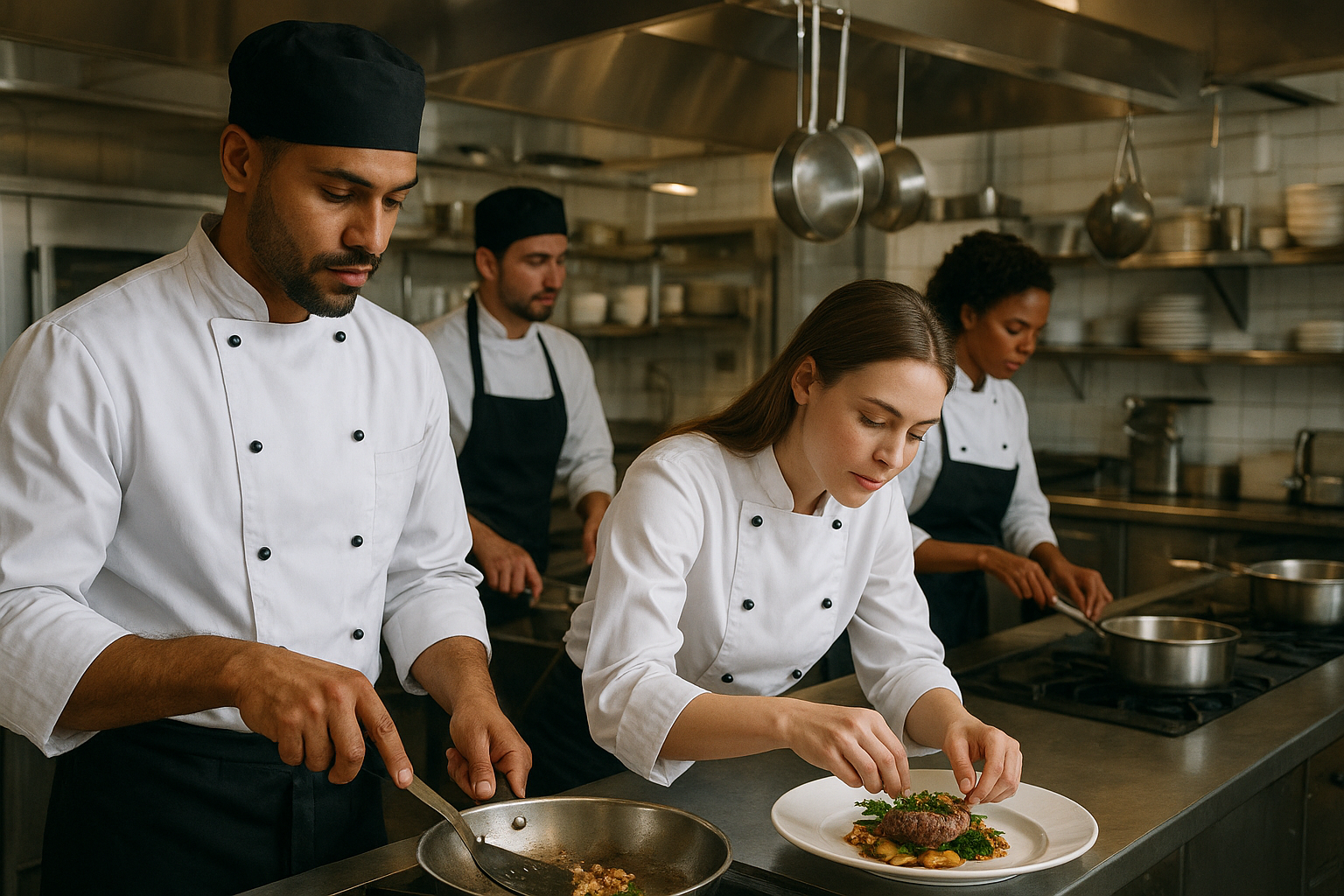 Four chefs in a professional kitchen, with three male and one female, preparing and plating dishes.