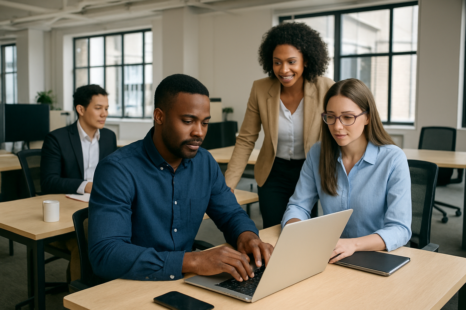 A diverse group of professional people in a modern office, with two women and two men, collaborating around a laptop, with natural light from large windows.