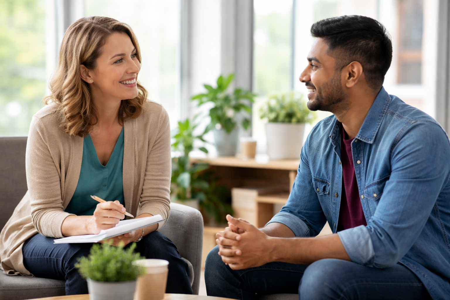 A woman and a man sitting on couches in a bright room, smiling and engaging in conversation. The woman has shoulder-length brown hair and is holding a pen and notepad. The man has short black hair and is wearing a denim shirt. There are potted plants and windows in the background.
