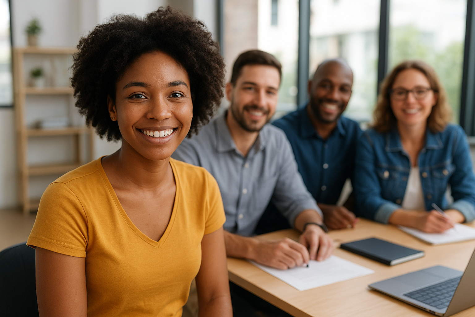 A woman with curly hair and a yellow shirt smiling at the camera with three people sitting behind her at a meeting table in a bright office.