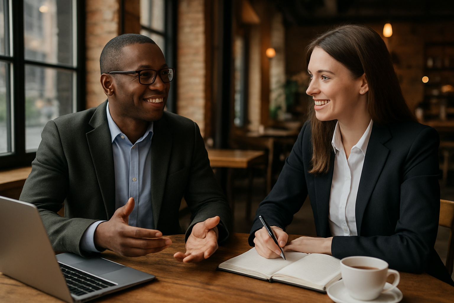 Two business professionals, a man and a woman, smiling and having a discussion in a coffee shop with wooden furniture and large Windows.