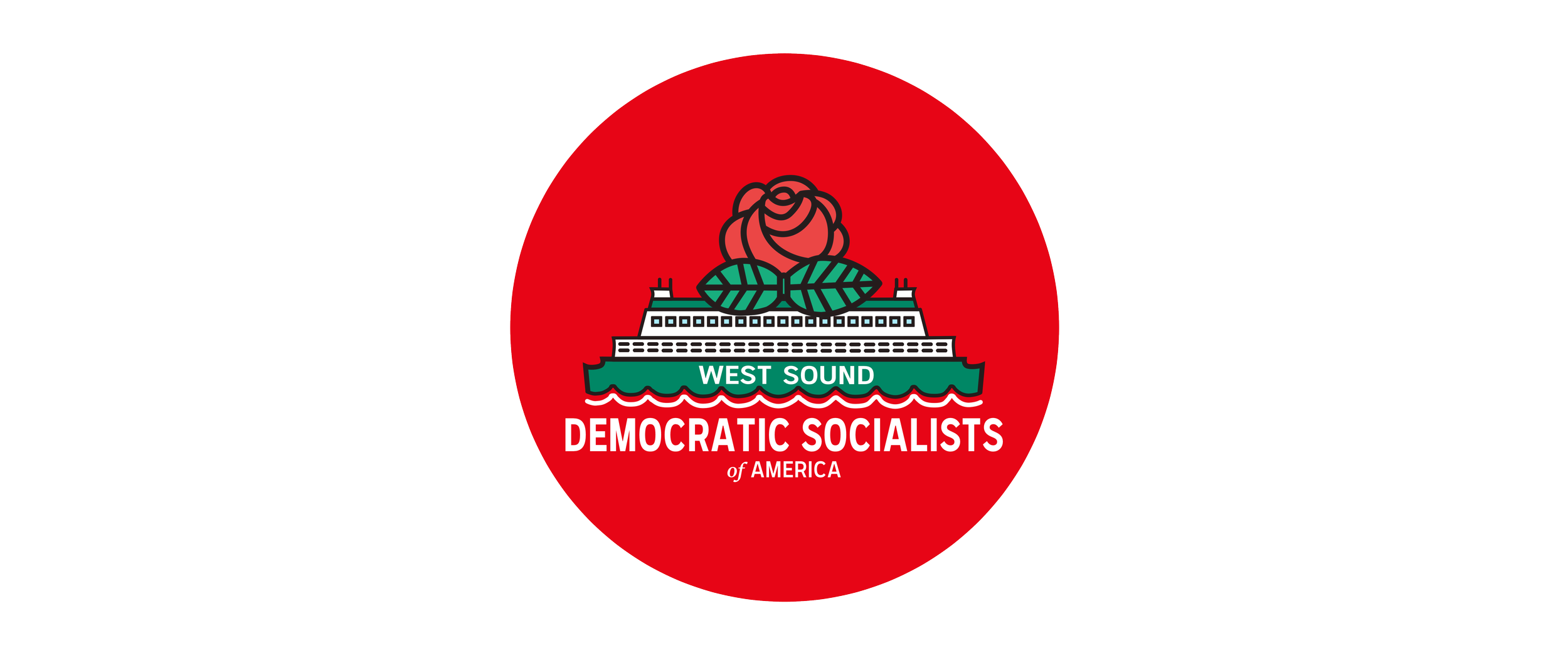 Logo for Democratic Socialists of America West Sound, featuring a ship with a large rose and leaves on top, on a red background.