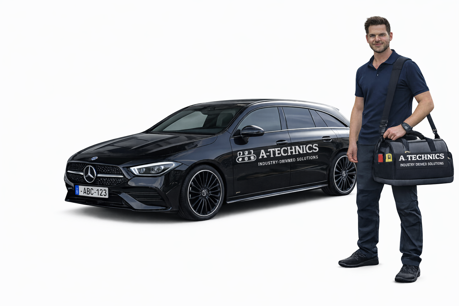 A man in a navy blue uniform holding a black bag with 'A TECHNICS' written on it, standing next to a black Mercedes-Benz vehicle also labeled 'A TECHNICS' with a white background.
