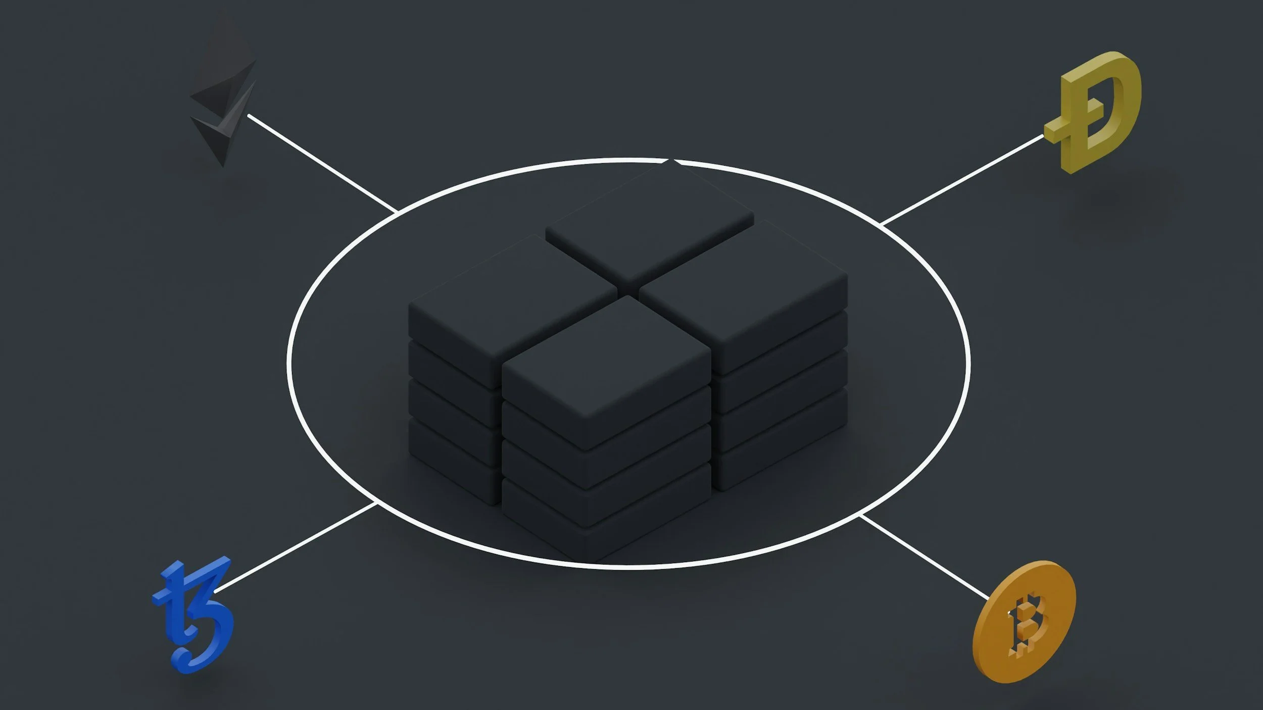 Digital illustration of a stack of black blocks with various cryptocurrency icons surrounding it, including Ethereum, Dogecoin, Bitcoin, and Tether.