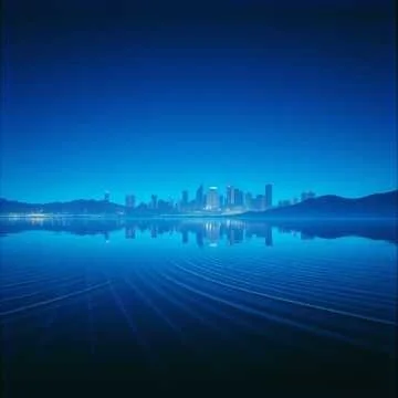 City skyline visible across a body of water at dusk or dawn with a dark blue sky.