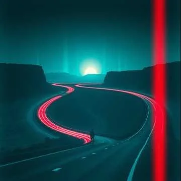Nighttime landscape with a winding road illuminated by pink lights, with mountains and a bright full moon in the background.