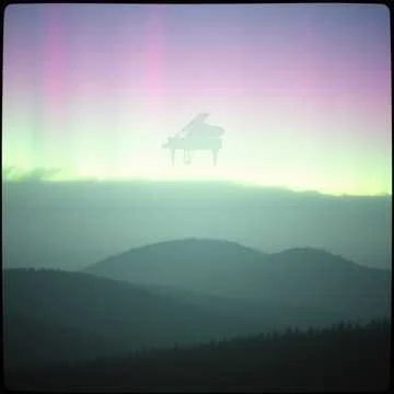 Silhouette of a grand piano floating over horizon with colorful Northern Lights in the sky.