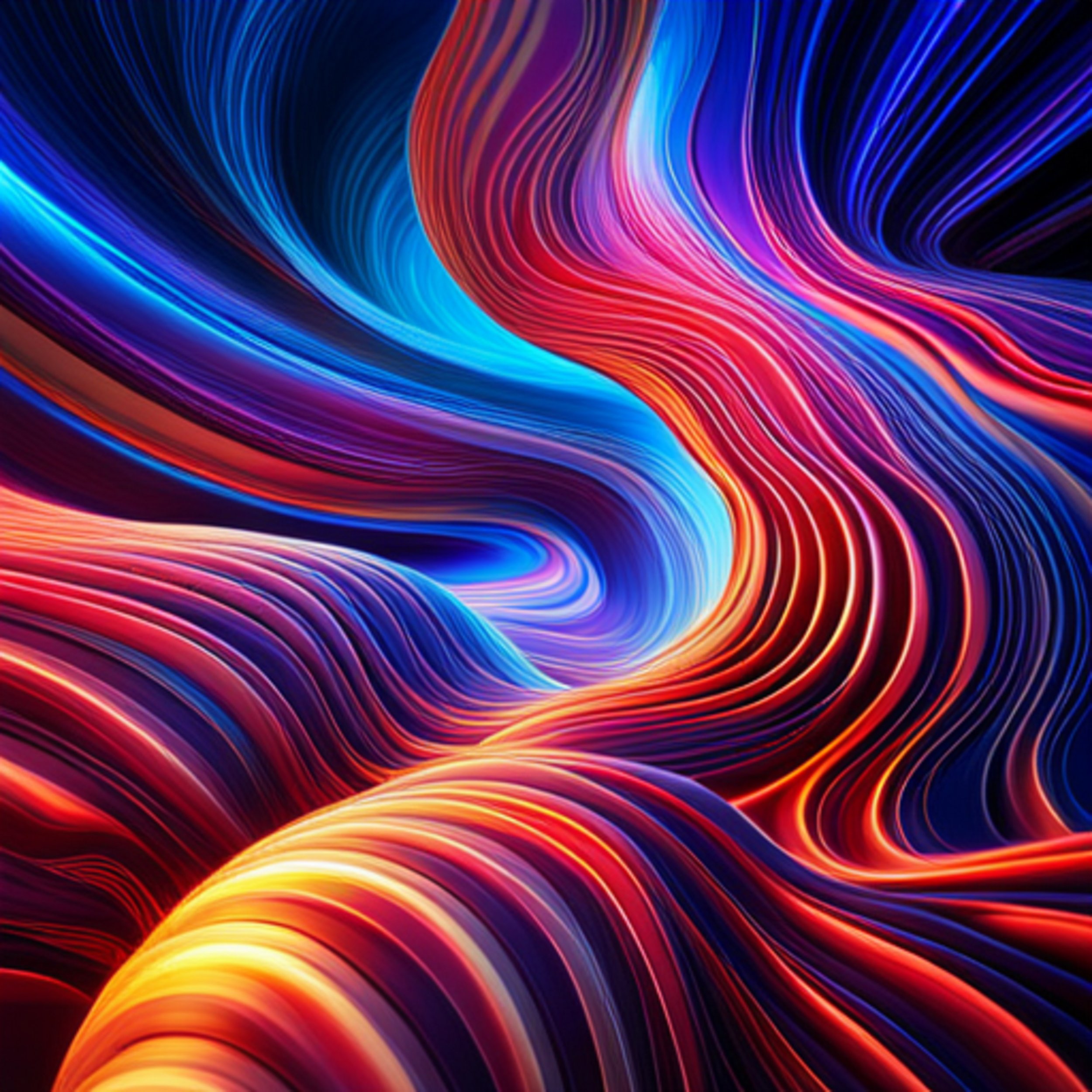 Colorful abstract digital artwork with flowing lines in shades of red, orange, yellow, blue, purple, and black.