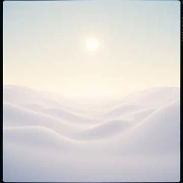 Snow-covered landscape with gentle rolling hills and a bright sun or moon in the clear sky.