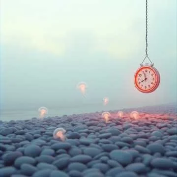A red clock hanging from a chain above a rocky beach with a pastel-colored sky and multiple floating orbs.