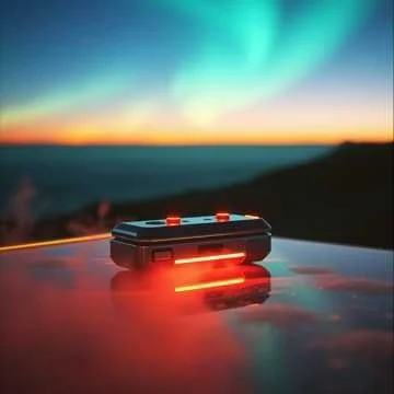 A small black electronic device with sliders, placed on a reflective surface, with the northern lights visible in the sky at sunset or sunrise.