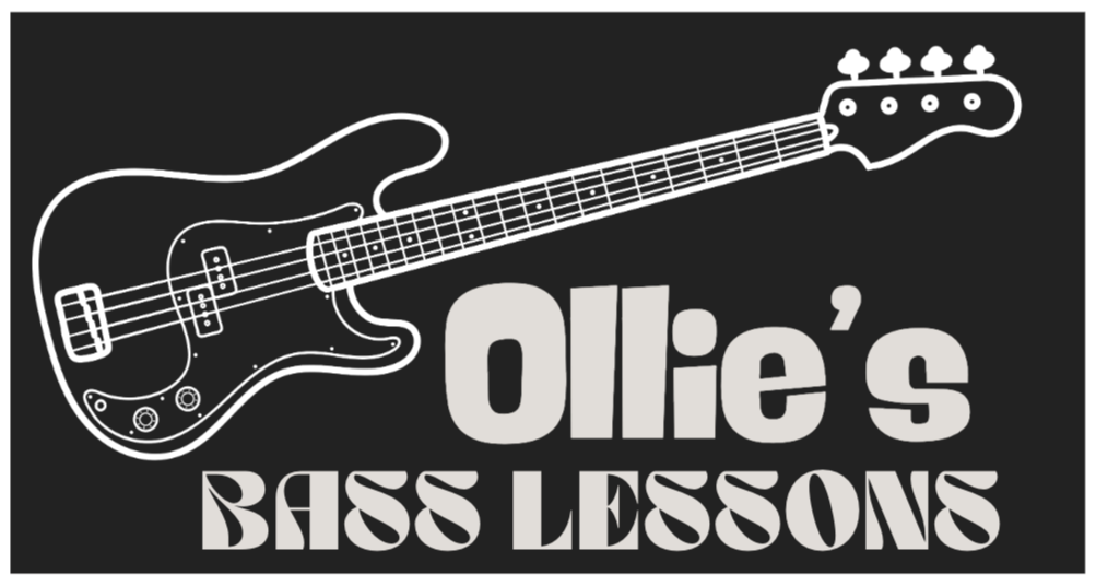 Black and white logo for Ollie's Bass Lessons featuring an electric bass guitar illustration.