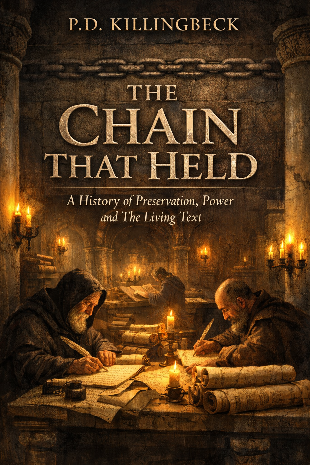 Book cover titled 'The Chain That Held: A History of Preservation, Power and The Living Text' by P.D. Killingbeck. The cover depicts an ancient library scene with monks or scholars writing and reading texts by candlelight.