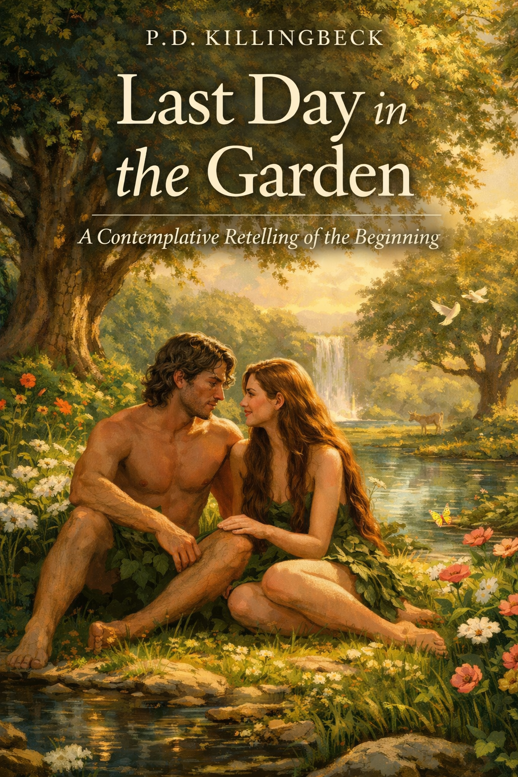 Book cover for 'Last Day in the Garden' by P.D. Killingbeck, featuring a romantic scene with a man and woman sitting by a river in a lush garden with flowers, trees, waterfalls, and birds.