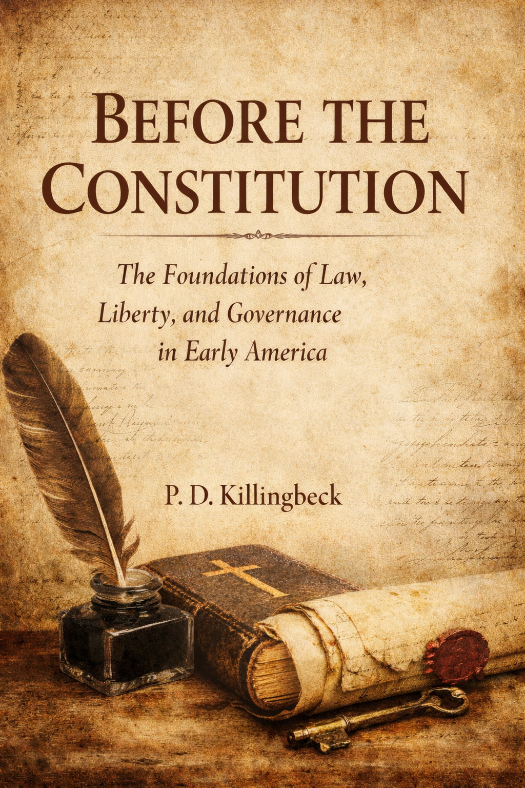 The cover of a book titled 'Before the Constitution: The Foundations of Law, Liberty, and Governance in Early America' by P.D. Killingbeck, featuring an ink bottle, a quill, an old book, and a rolled parchment with a wax seal on a wooden surface.