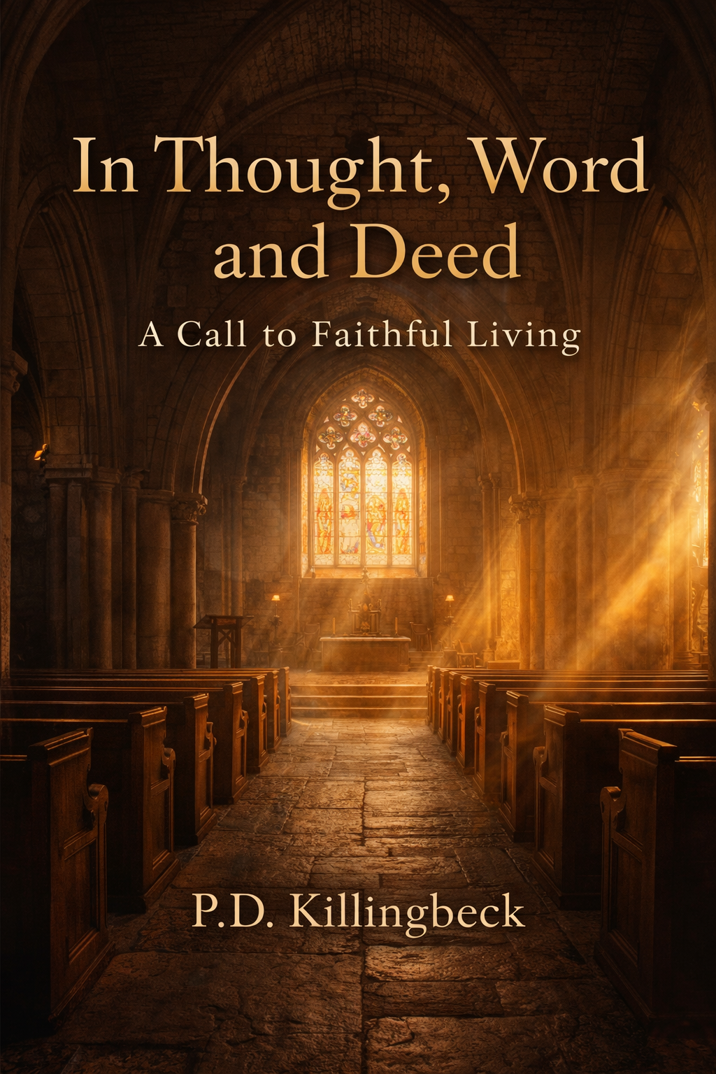 The book cover shows the interior of a church with wooden pews, stone floors, and a large stained glass window at the altar, illuminated by sunlight.