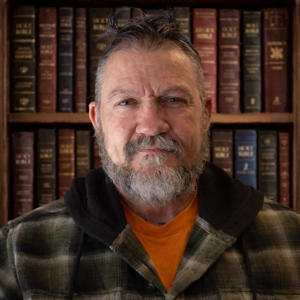A bearded man with wet hair and a stern expression, wearing a plaid shirt and orange shirt underneath, stands in front of a bookshelf filled with leather-bound books.