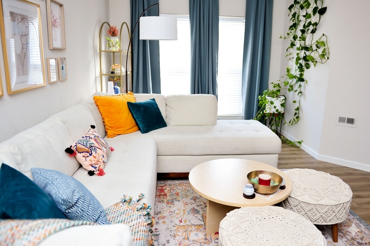 Living room with cream sectional sofa and collection of vibrant pillows