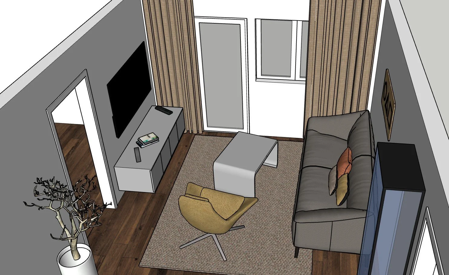 A 3D rendering of a modern living room with gray walls, wooden accents, a gray sofa with pillows, a yellow swivel chair, a rectangular coffee table, a wall-mounted TV, and a cabinet underneath the TV, with windows and a door leading outside, and deco