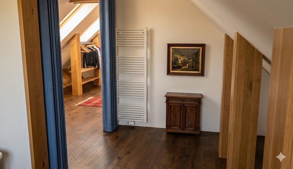 An attic room with sloped ceiling, wooden flooring, a small wooden cabinet, a framed painting on the wall, and a white towel radiator. Blue curtains frame an opening leading to another part of the house with clothing hanging on a wooden rack.