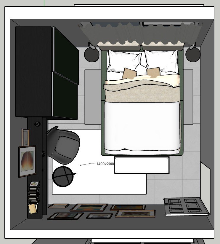 Top-down view of a bedroom with a bed, nightstands, lamps, a TV, an armchair, a side table, a rug, and a bookshelf.