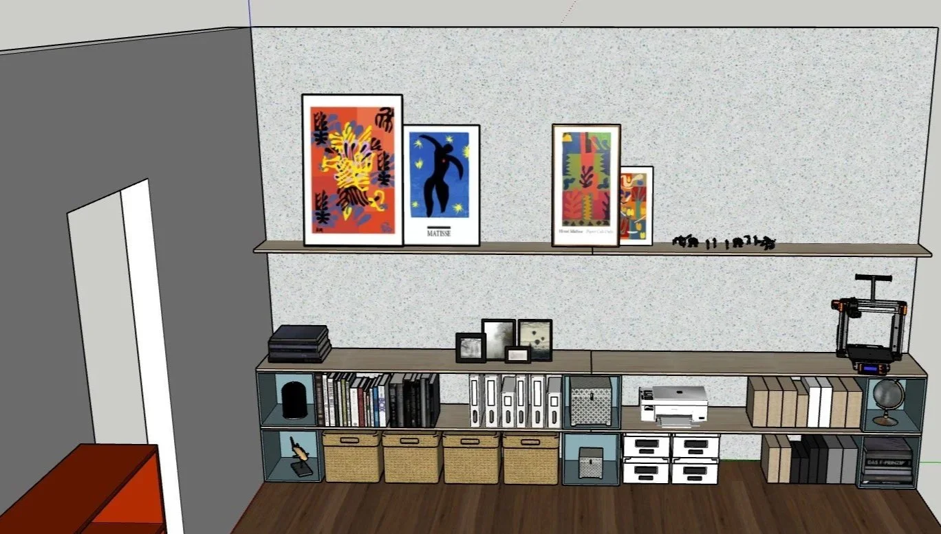 A digital illustration of a modern room with a bookshelf and framed artwork on a gray textured wall.